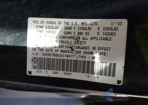 2003 Honda Cr-V Ex из США, поврежденный, VIN SHSRD788X3U116917